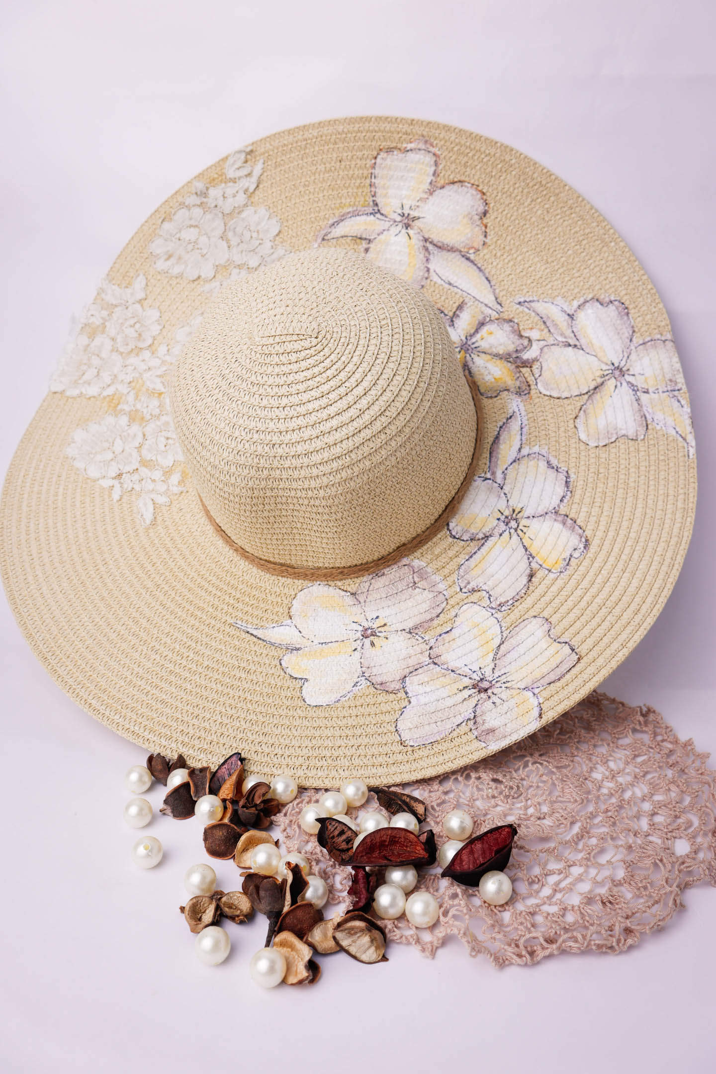 Big Straw with White Flowers and Lace Hat