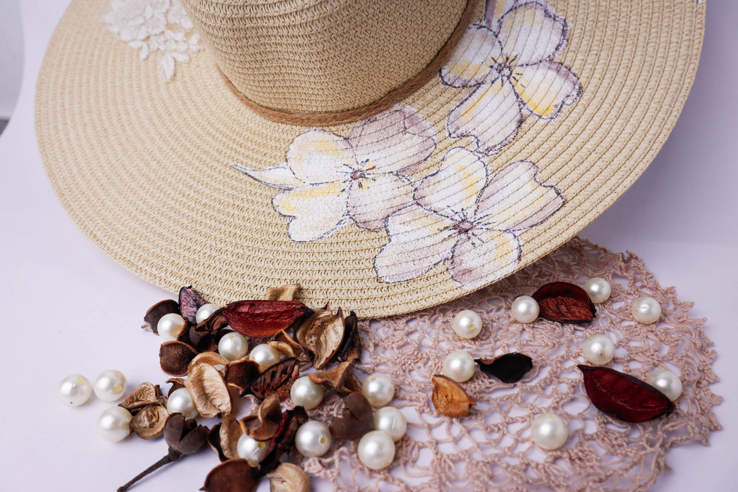Big Straw with White Flowers and Lace Hat