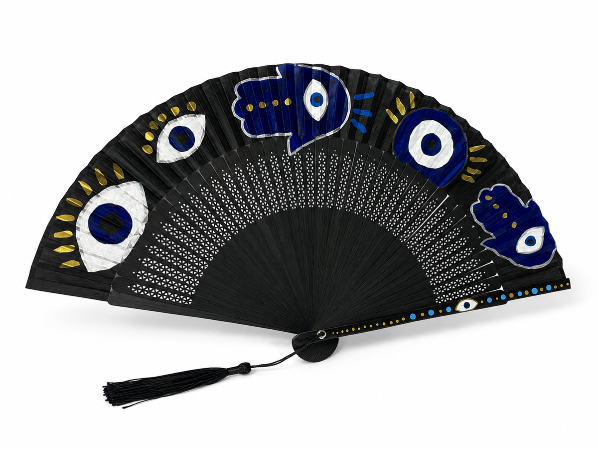 🧿 Hand-Painted Black Fan – 🧿 Evil Eye & 🪬 Hamsa