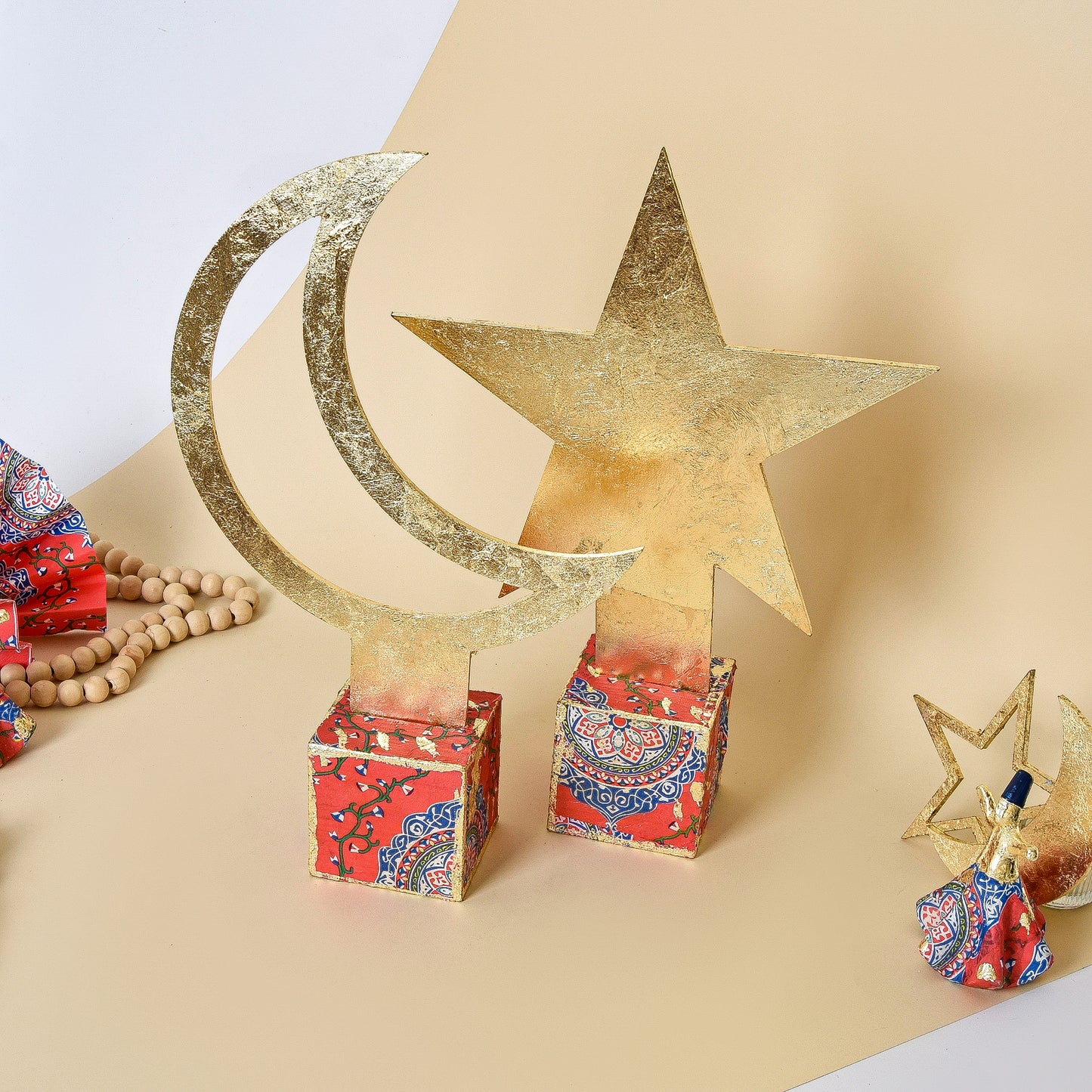 Egyptian Khayamiah Wood Decorative Moon & Star set of 2