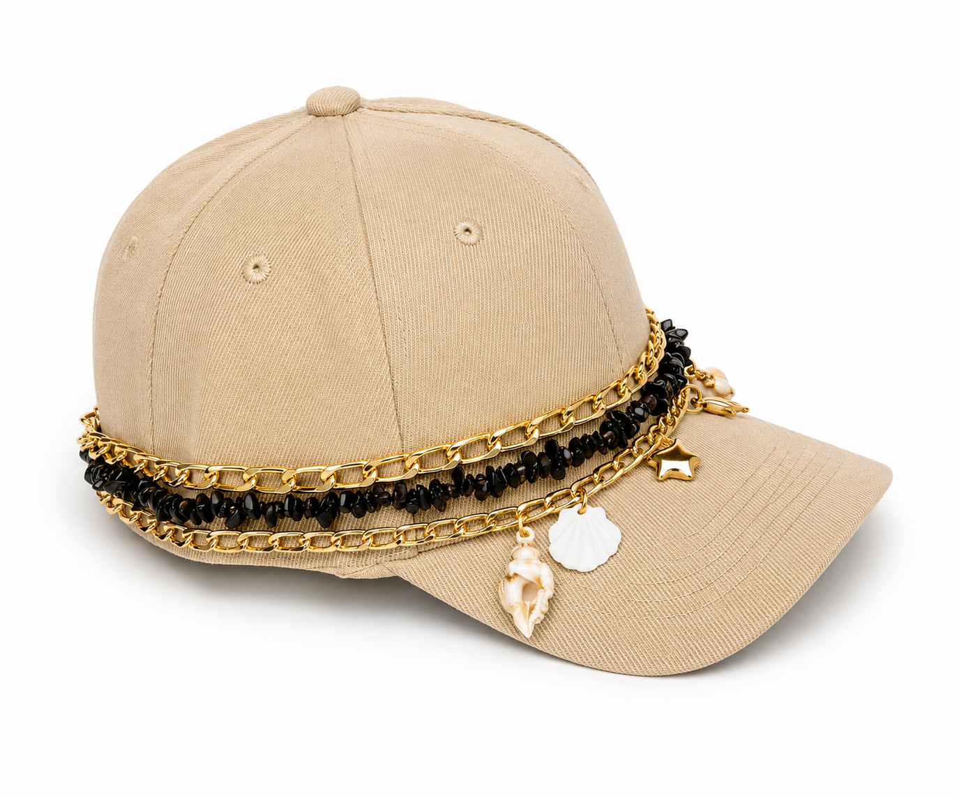 ๐ค Handmade Beige Cap โ Black Beads, Golden Chains & Seashell Charms