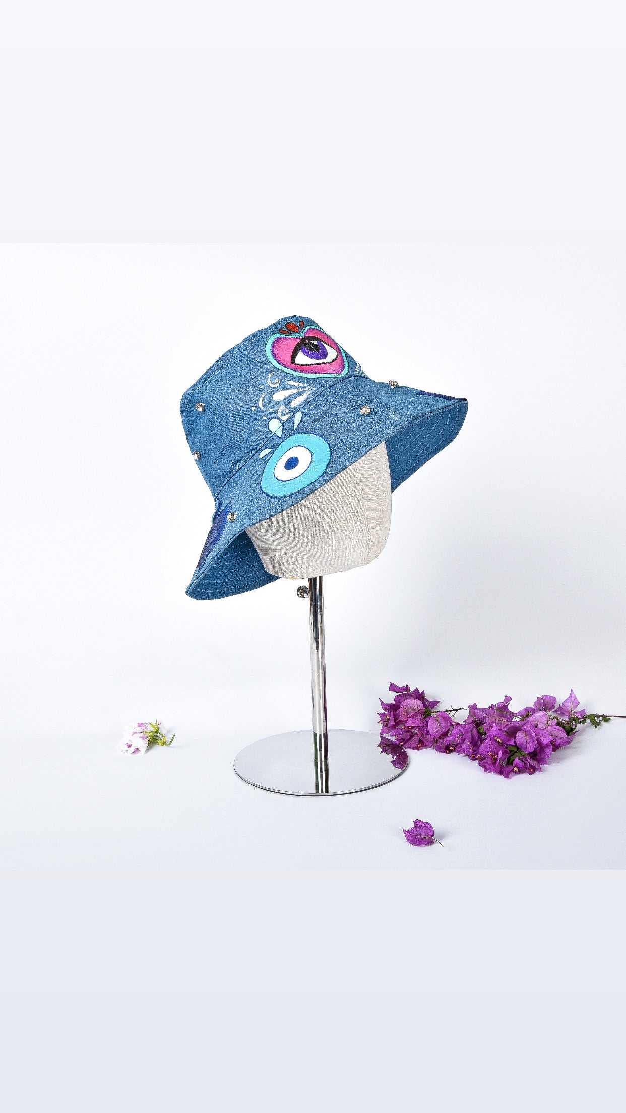 Painted Dark Blue Denim Fisherman Hat with Hearts & Eyes & Hands with Rhinestones
