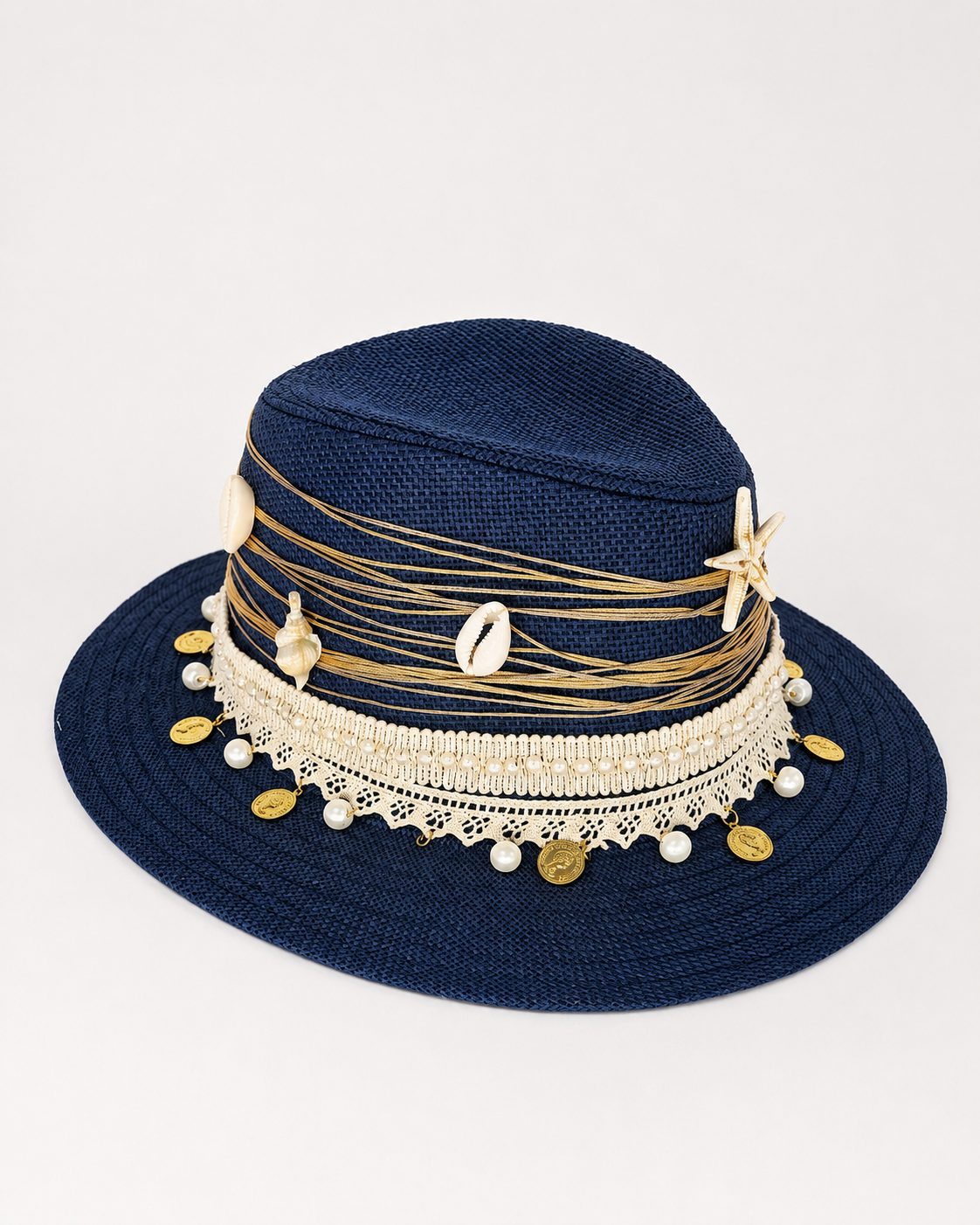š Handmade Navy Straw Hat ā Seashells, Pearls & Golden Accents
