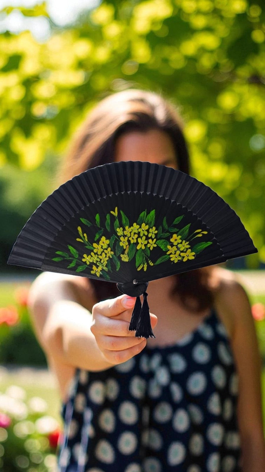 Hand-Painted Folding Fan - Yellow Flowers on Black