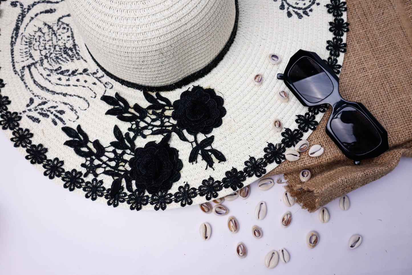 Big Straw with White Flowers and Black Lace Hat