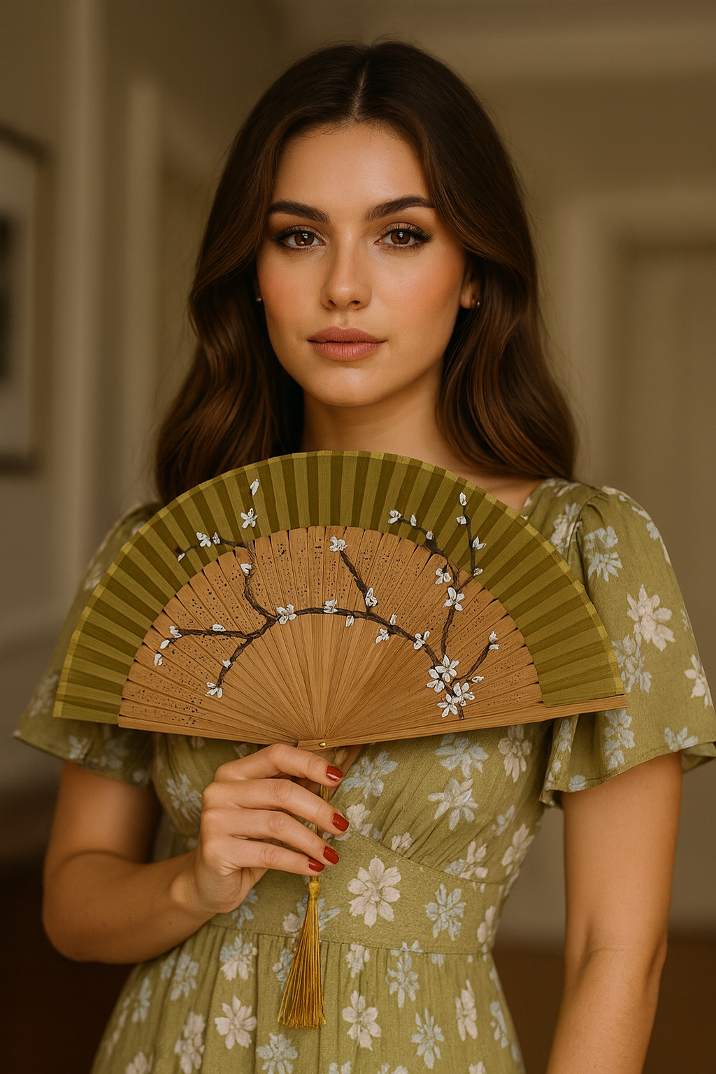 🌿 Hand-Painted Fan – Olive Blossom Branch