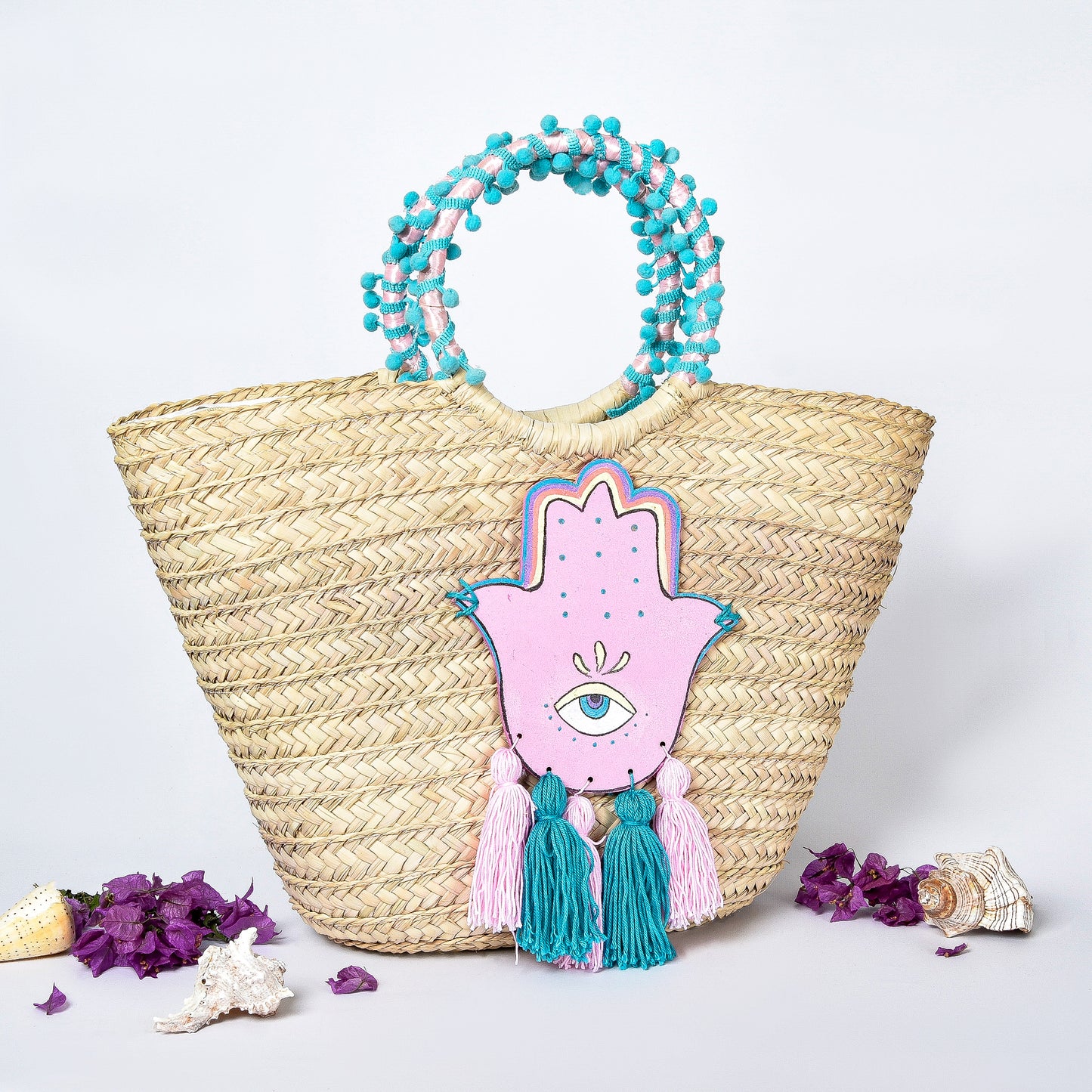 Straw Embellished Beach Bag with Pink Fatima Hand