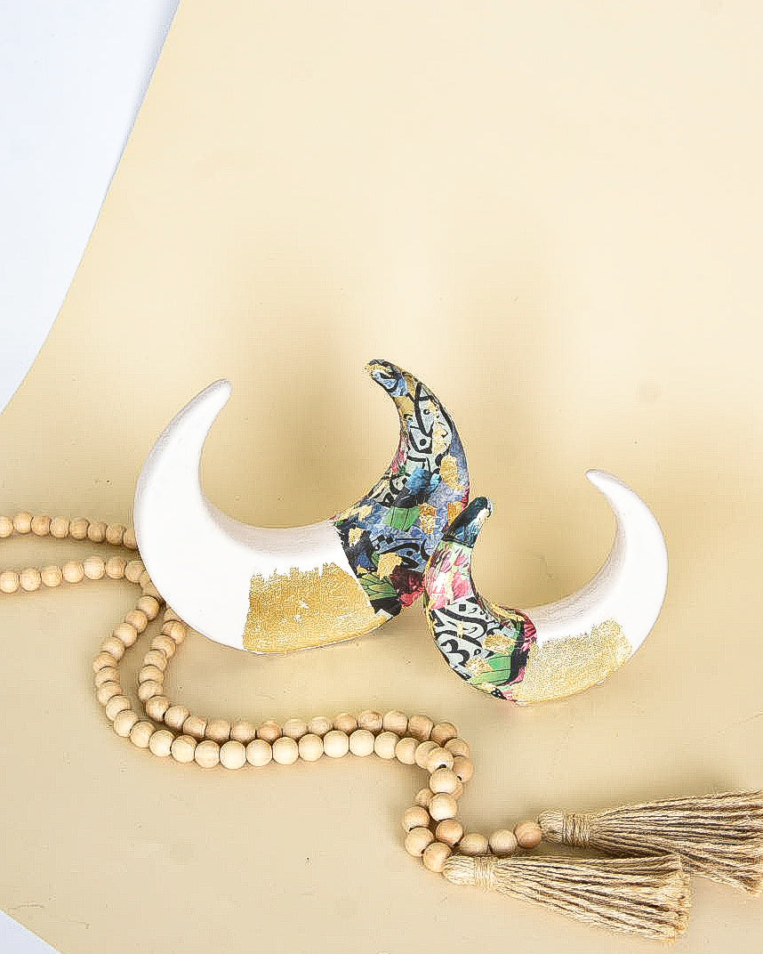 Off White & Gold Embellished Decorative Crescent – Set of Two