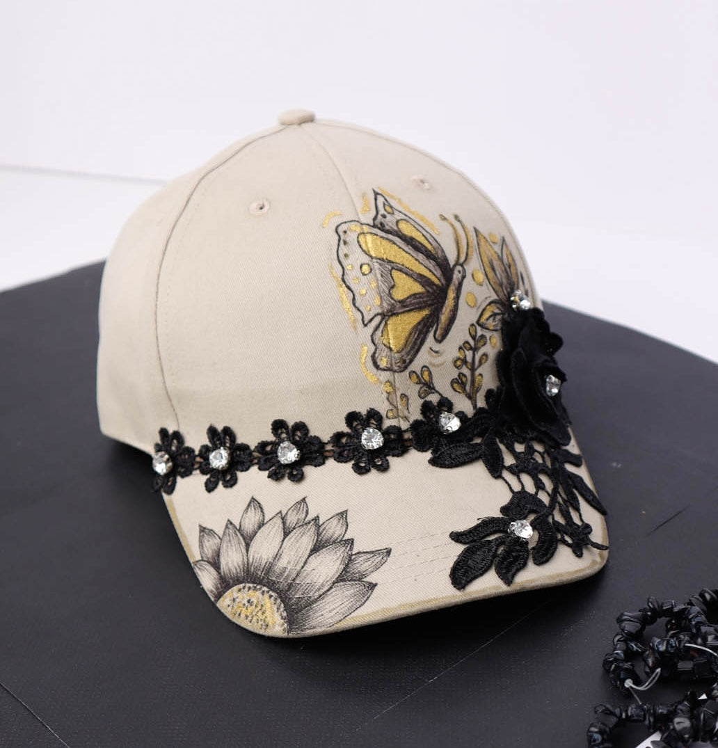 Hand Painted Beige Cap with Black Lace & Rhinestones