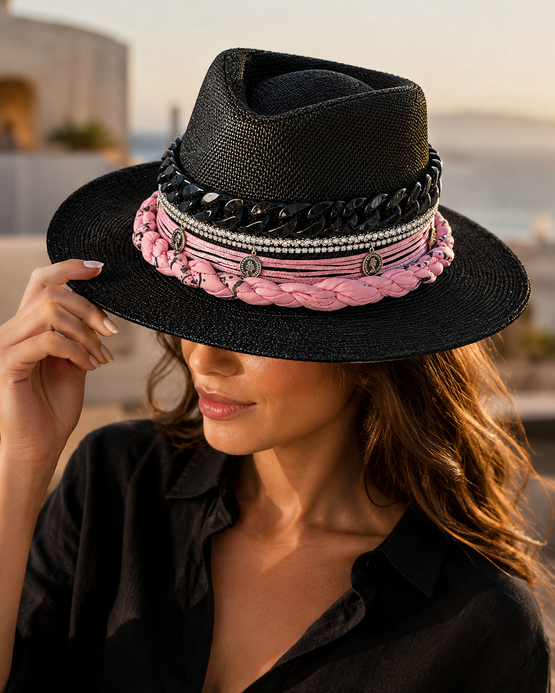 🖤 Handmade Black Straw Hat – Blush Pink Braided Band