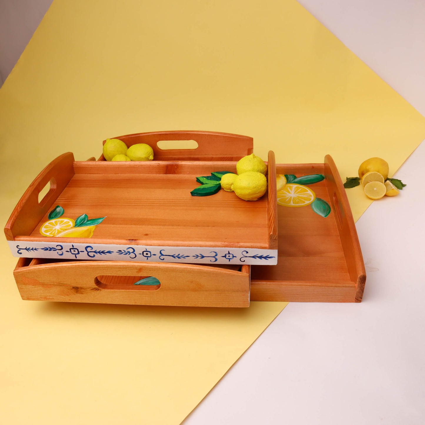 Fresh Lemons with Blue Wooden Tray