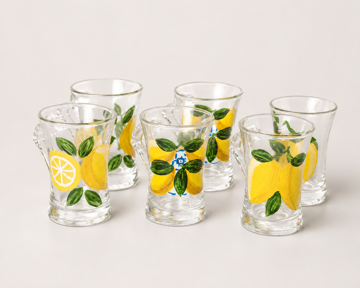 Fresh Lemones with Blue Tea Cups With Handles Set of Six
