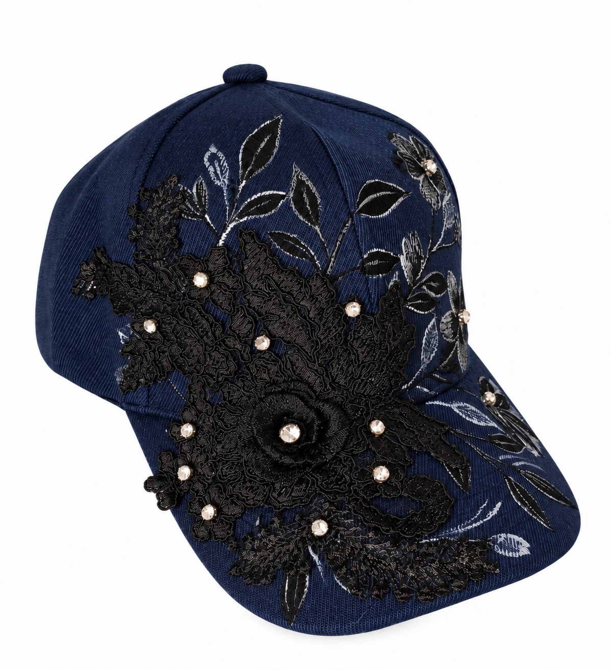 š Handmade Navy Cap ā Black Floral & Crystal Embellishments