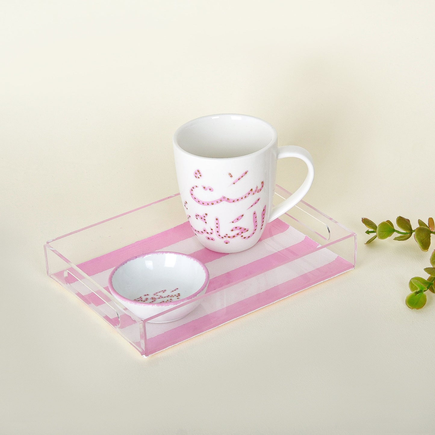 Pink Blossom Bird ƒ?? Motherƒ??s Day Hand-Painted Mug Gift Set with Plexi Tray (Sit El Habayeb)