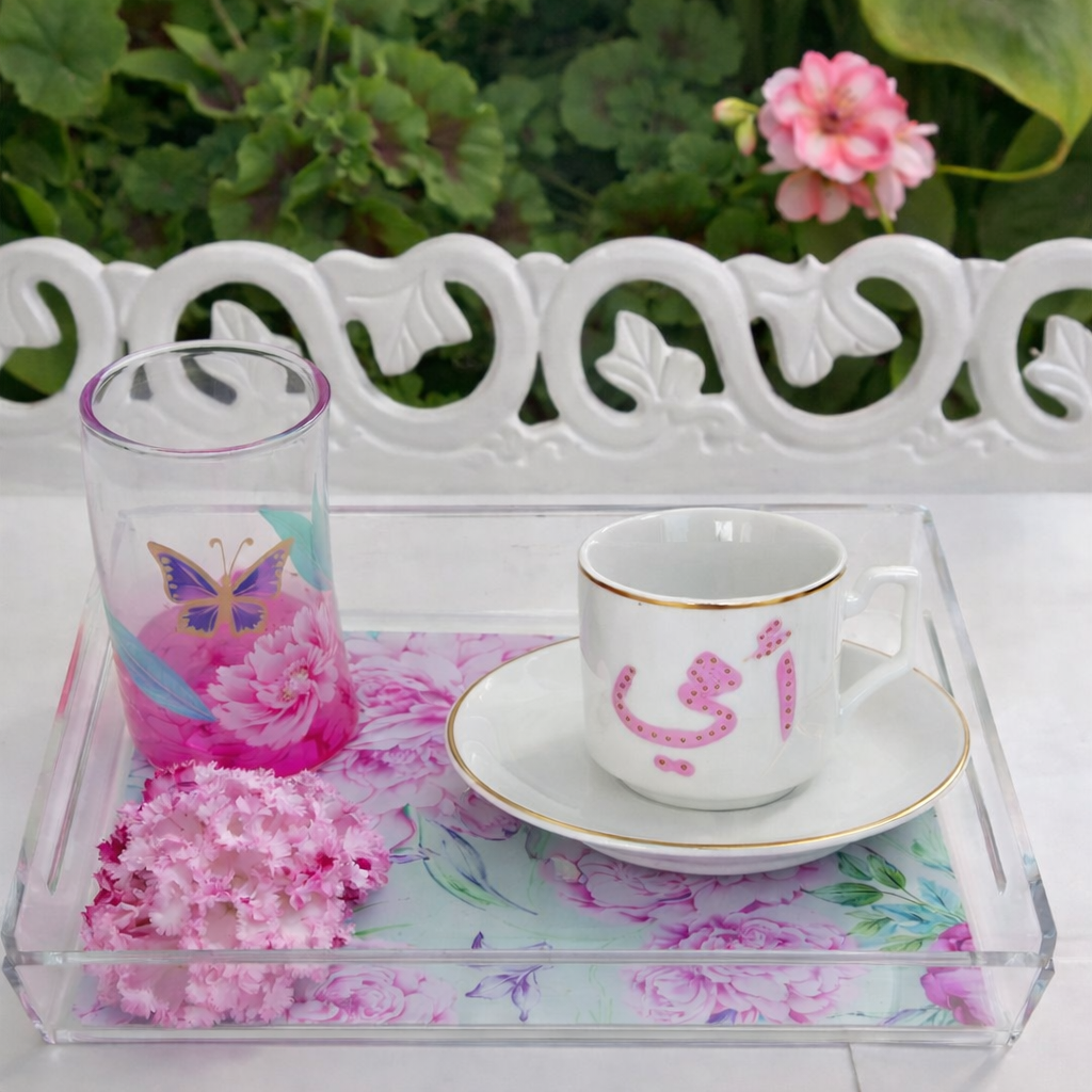 Peony Butterfly – Hand-Painted Coffee Cup Gift Set with Plexi Tray (Ummi)