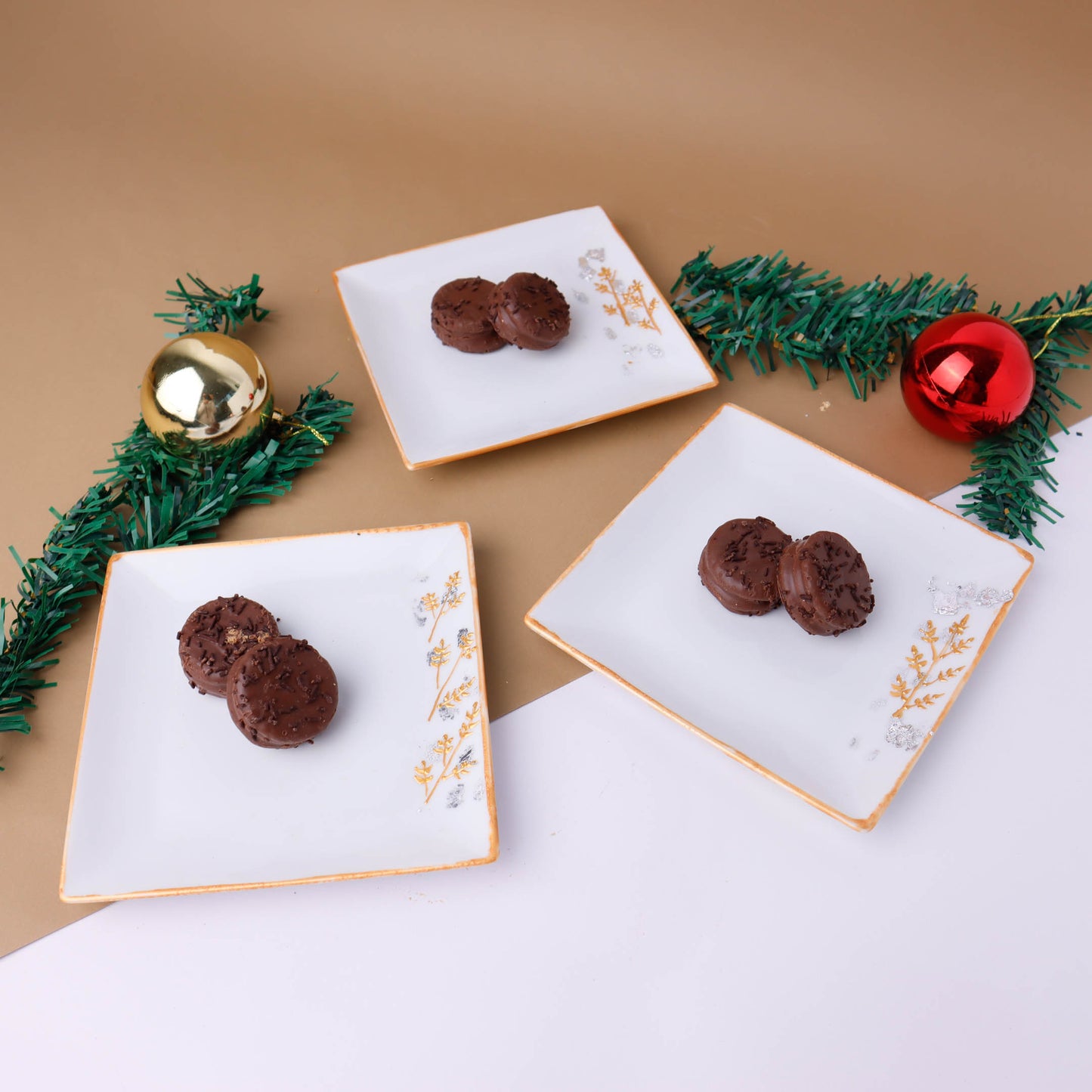 Three Christmas Deers Gold & White Dessert Plates Set of Six
