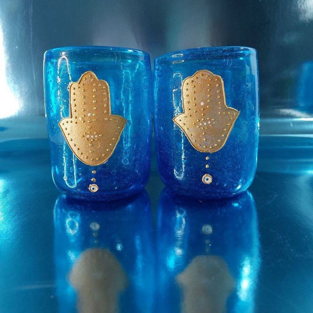 Turquoise Blown Glass Fatima Hand Water Cups