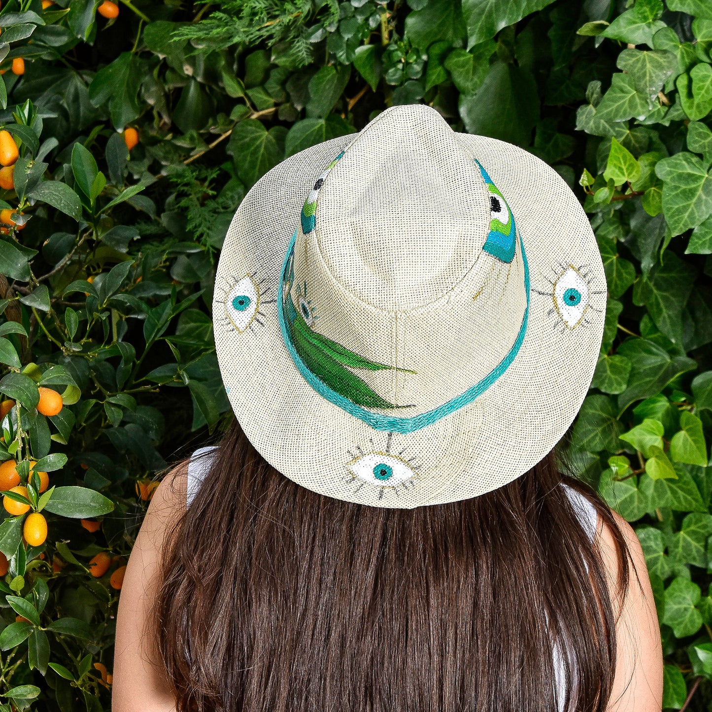 Medium Eyes, Flower and Green and Turquoise Rainbow Hat