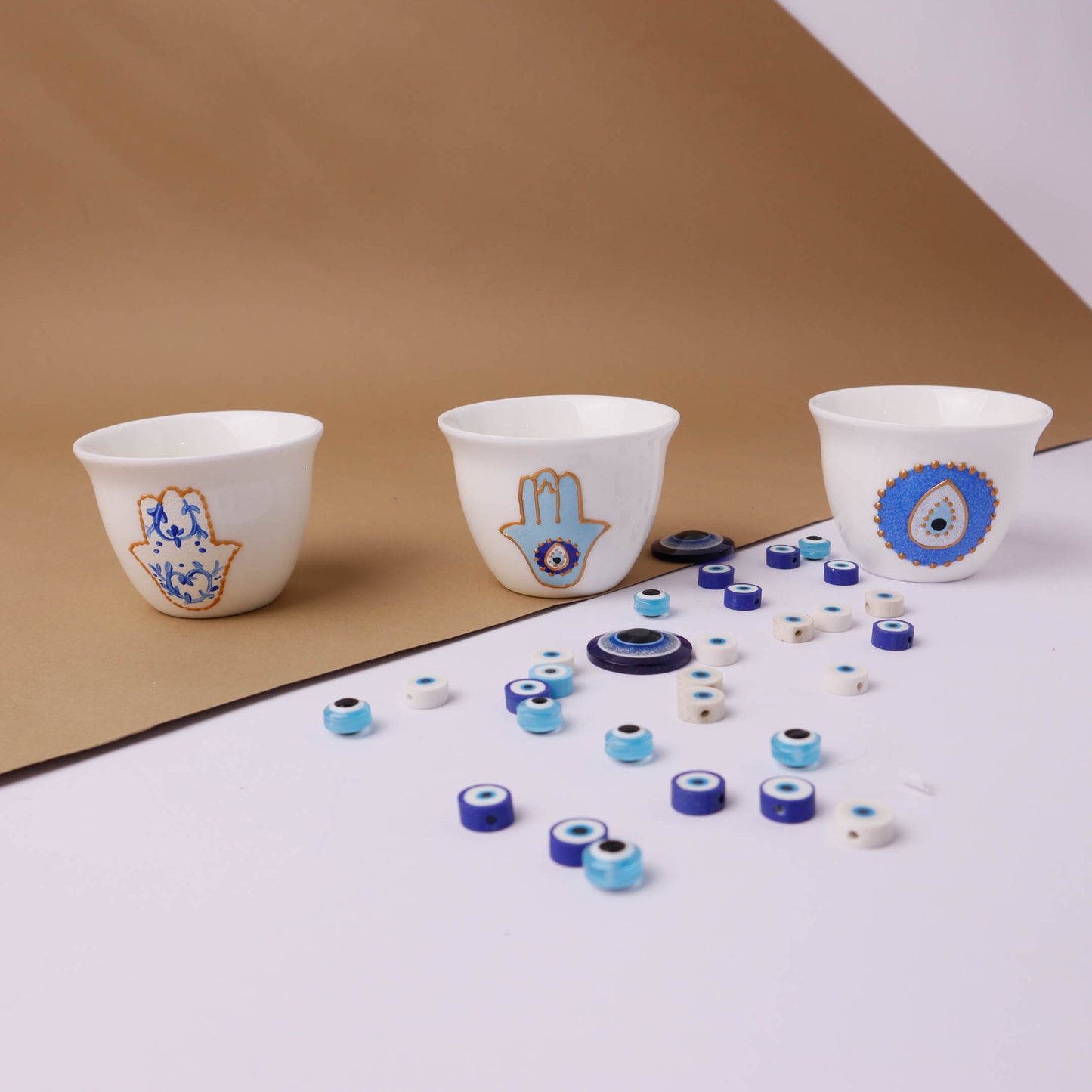 Blue Fatima Hands & Eyes Arabic Coffee Cups Set of Six