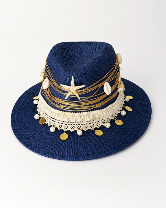 💙 Handmade Navy Straw Hat – Seashells, Pearls & Golden Accents