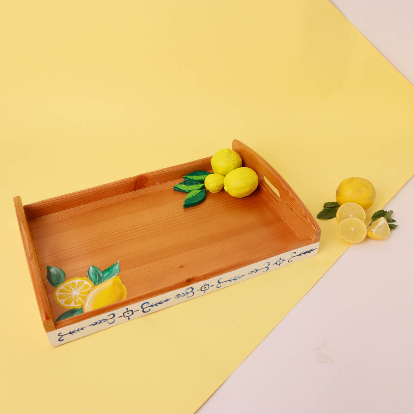 Fresh Lemons with Blue Wooden Tray