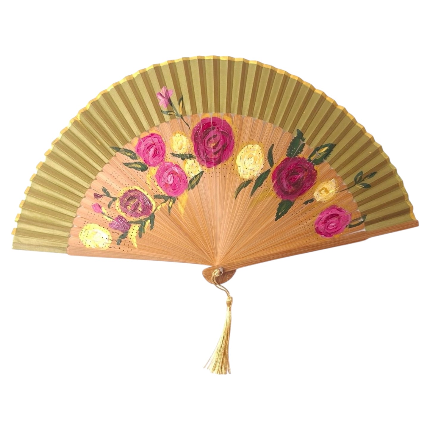 🌹 Hand-Painted Fan – Golden Roses & Peonies