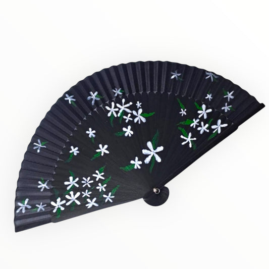 Hand-Painted Folding Fan - White Flowers on Black