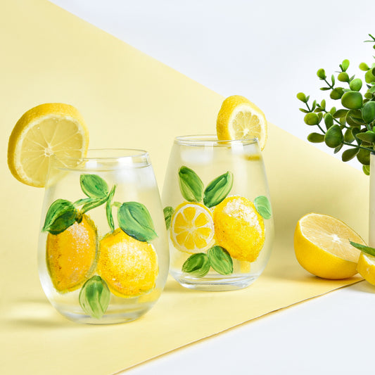 Fresh Lemons with Blue Water Cups Set of Six
