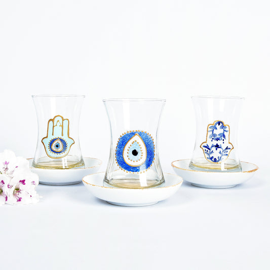 Blue Fatima Hands & Eyes Tea Cups With Saucers Set of Six