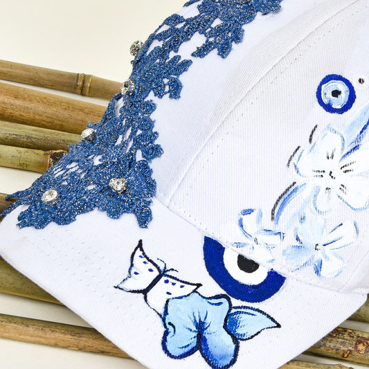 Hand Painted White Cap with Blue Lace & Rhinestones