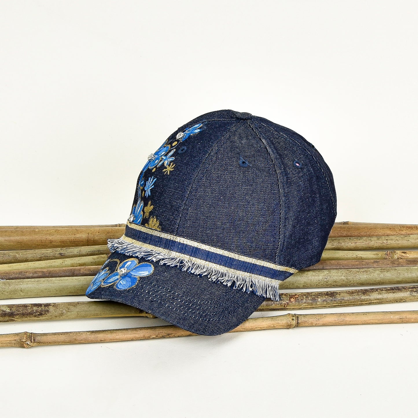 Denim Hand Painted Cap With Gold Fringes & Rhinestones