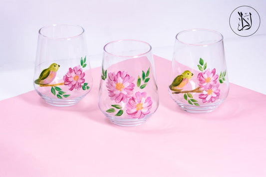 Bird & Flower Pink Blooms – Water Glasses (Set of 6)