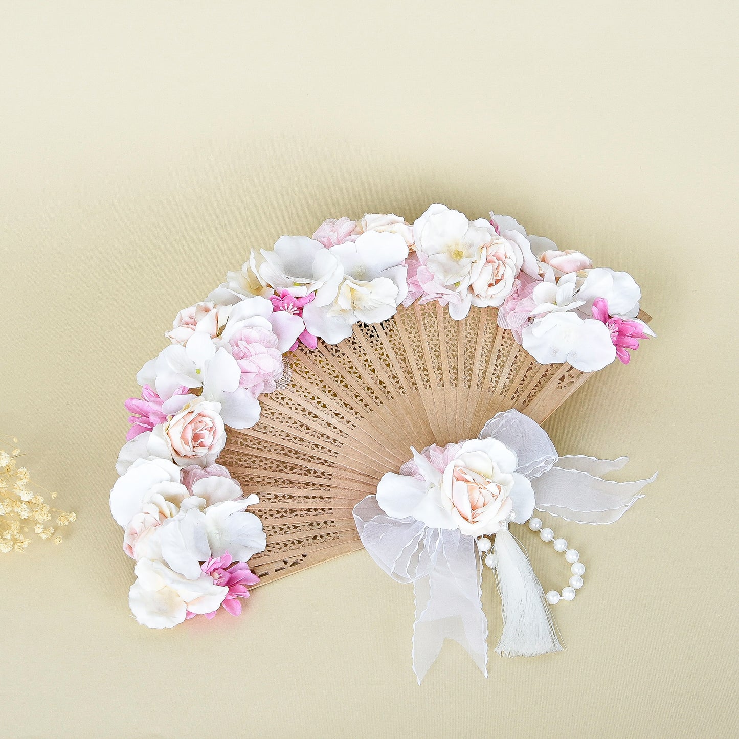 Bridal Fans – Pink Roses & Hydrangeas