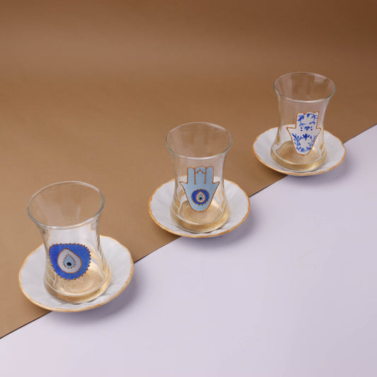 Blue Fatima Hands & Eyes Tea Cups With Saucers Set of Six