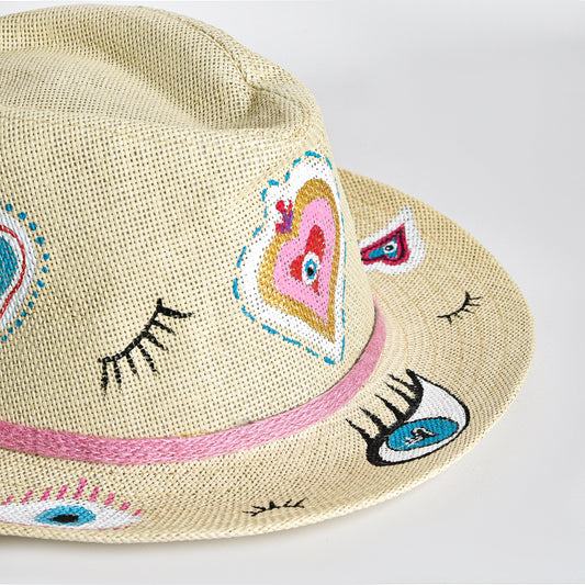 Off White with Eyes and Hearts Hat