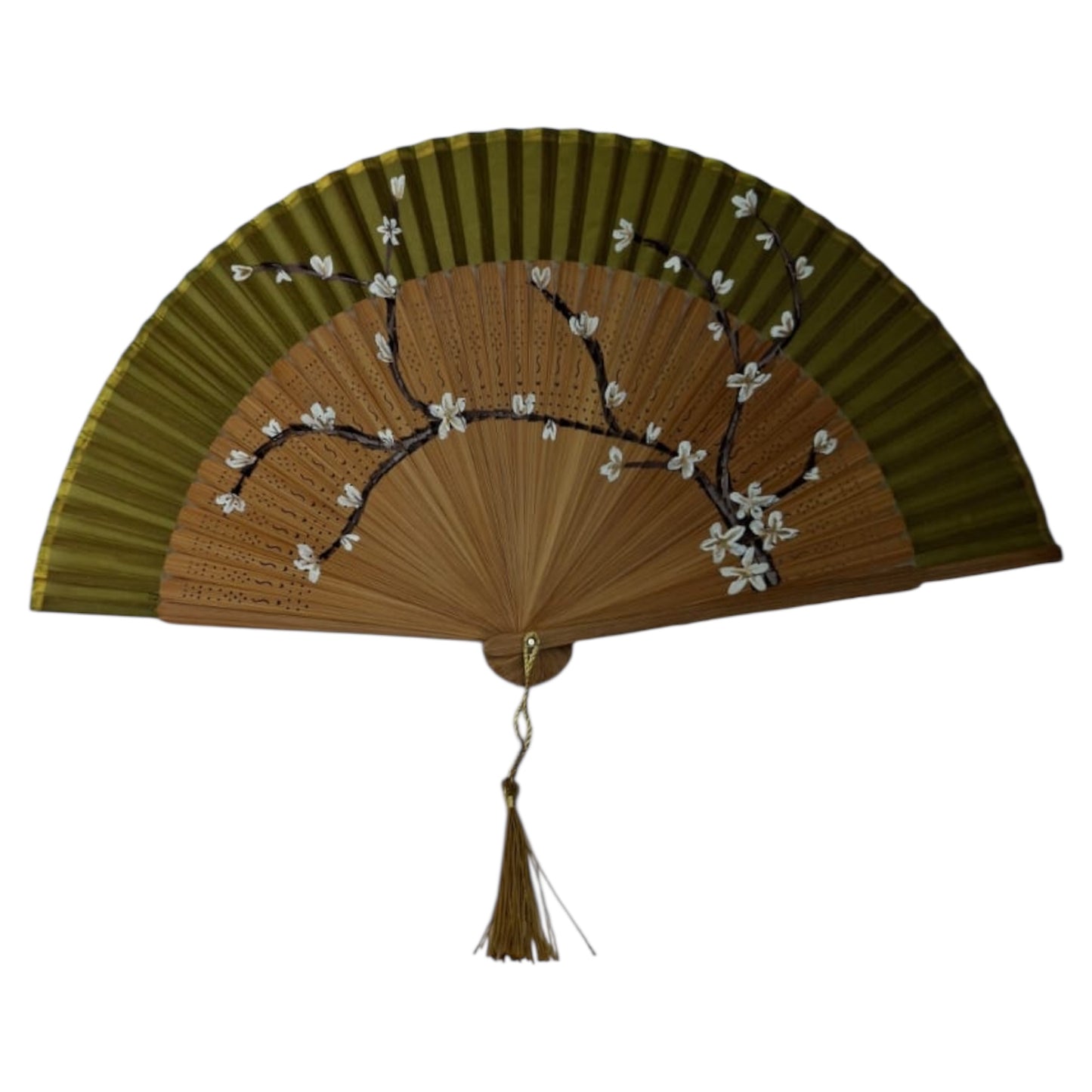 🌿 Hand-Painted Fan – Olive Blossom Branch
