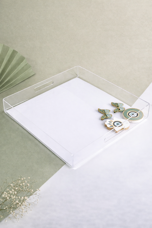 Pistach Embossed Eye, Fatima Hands and Butterflies Handmade Plexi Tray