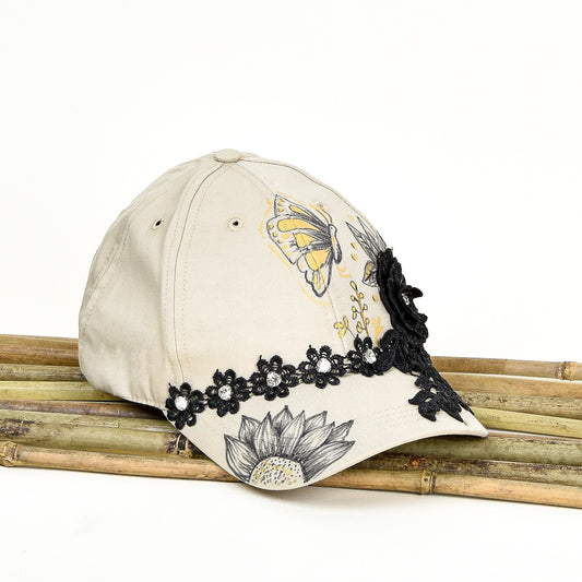 Hand Painted Beige Cap with Black Lace & Rhinestones