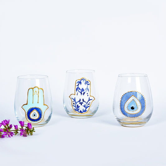 Blue Fatima Hands & Eyes Water Cups Set of Six
