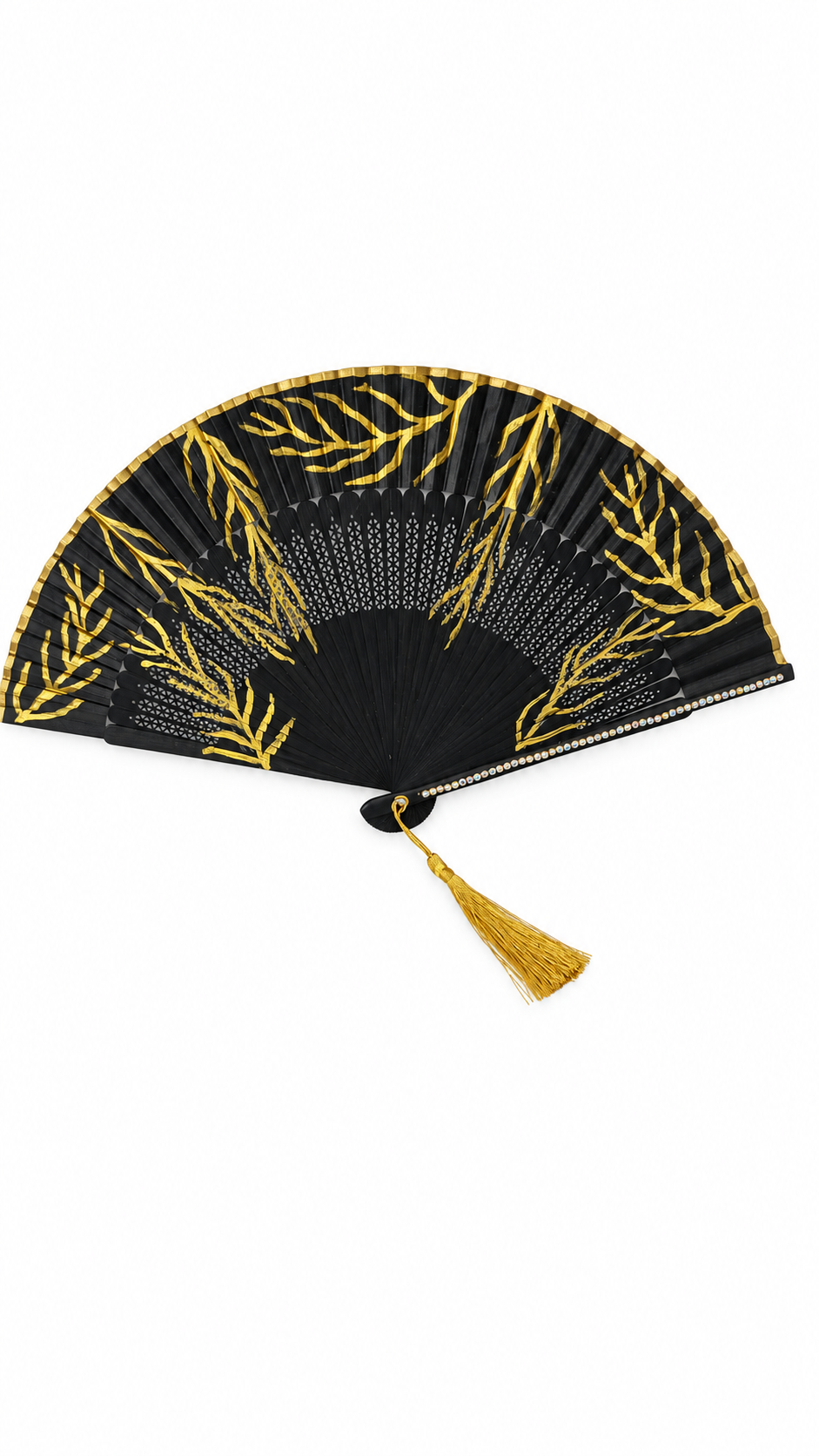 🖤✨ Hand-Painted Black Fan – Golden Leaves & Crystal Details