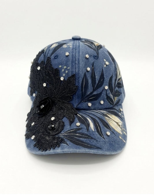 💙 Handmade Denim Cap – Black Florals & Gold Accents