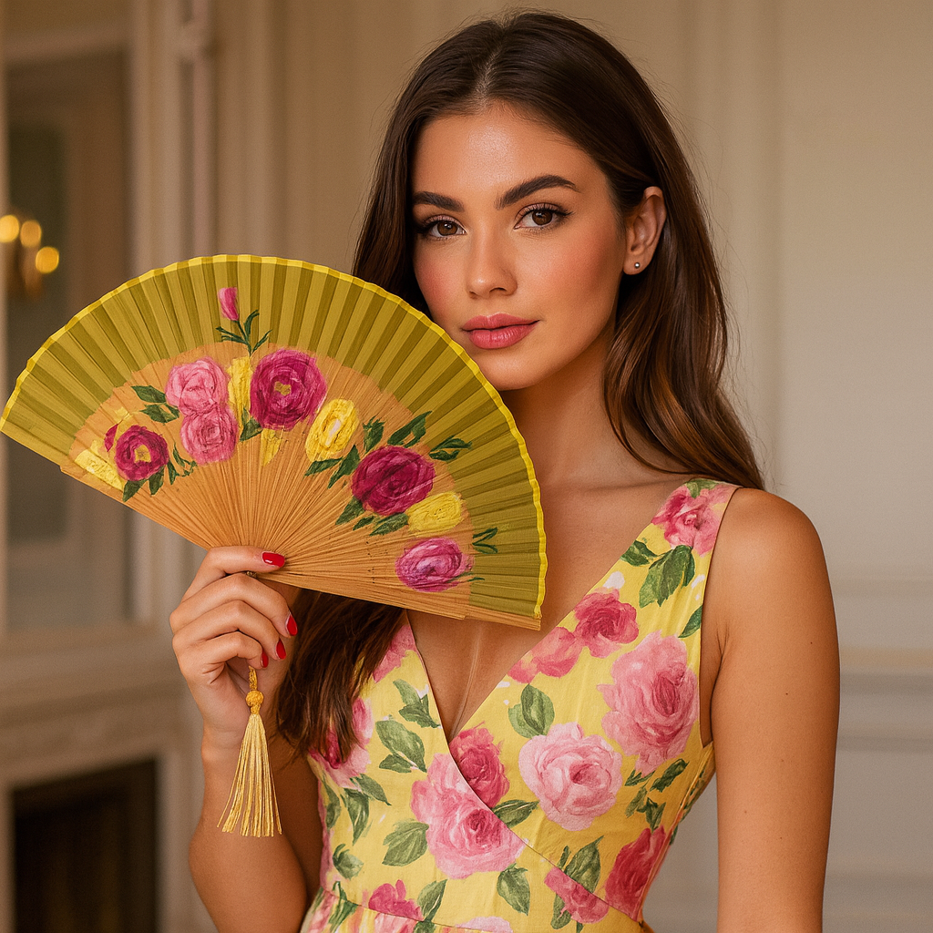 🌹 Hand-Painted Fan – Golden Roses & Peonies