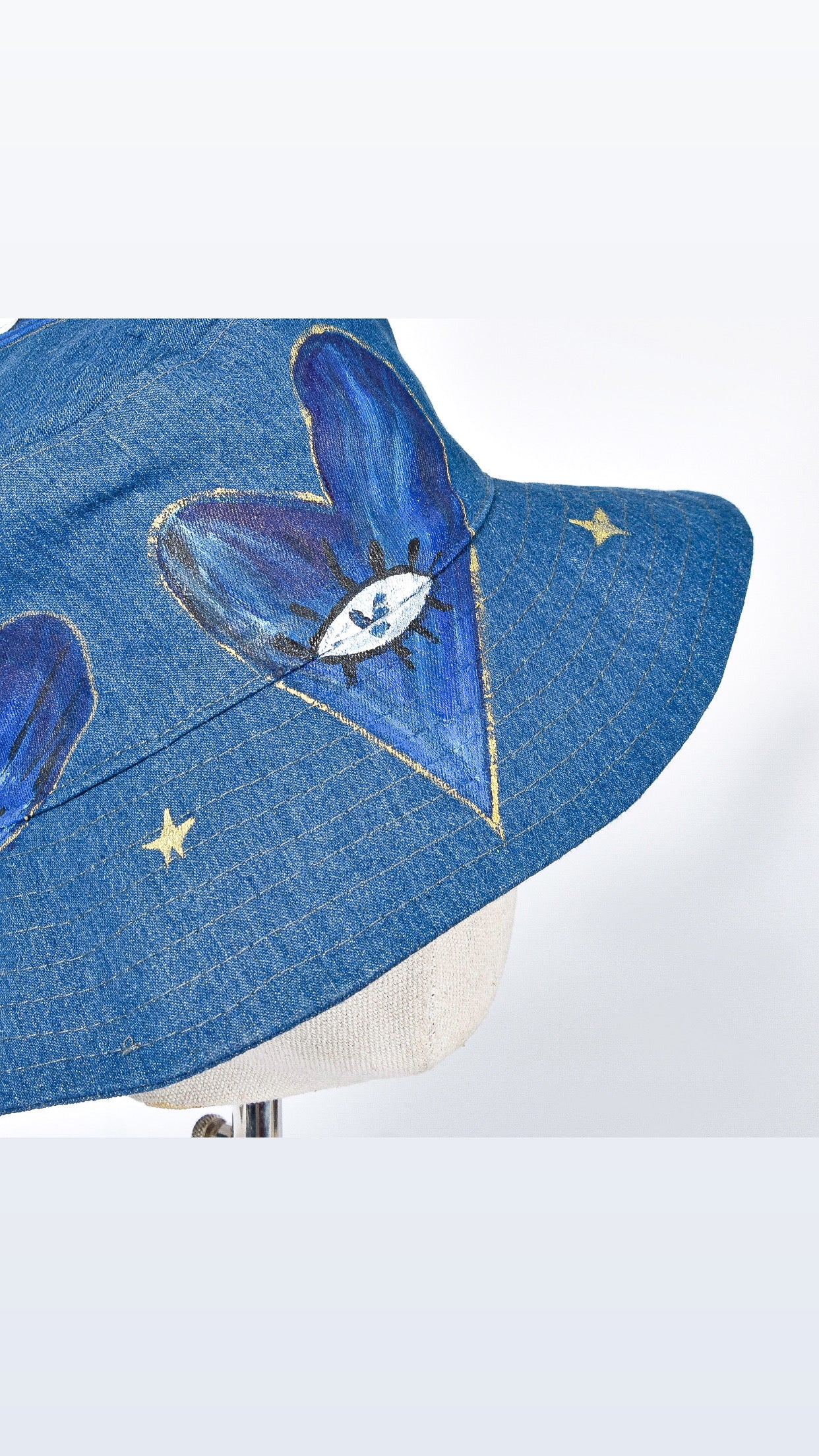 Painted Dark Blue Denim Fisherman Hat with Hearts & Eyes with Rhinestones