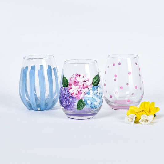 Hydrangea with Dots and Stripes Water Cups set of six