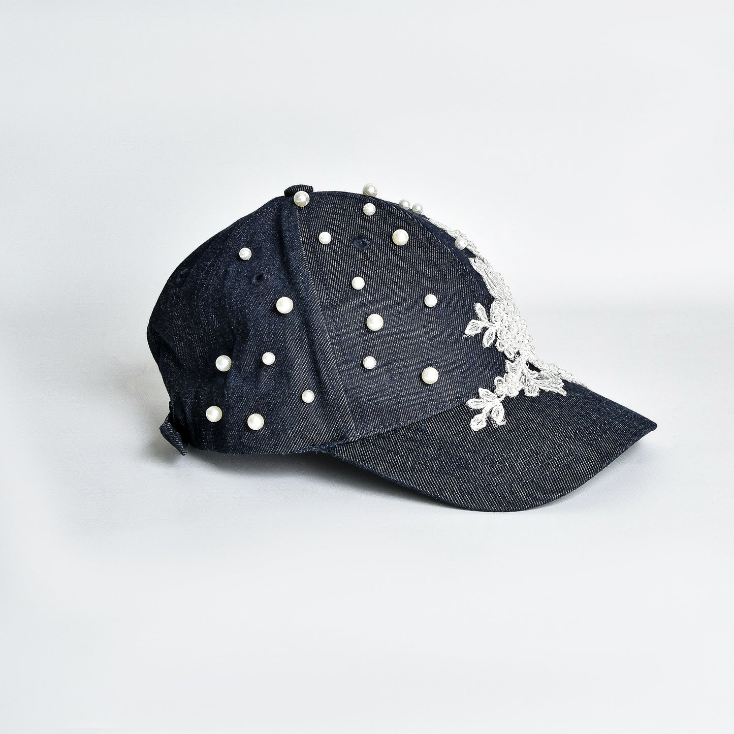White Lace and Pearls Black Denim Cap