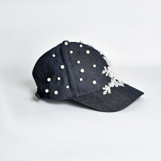 White Lace and Pearls Black Denim Cap