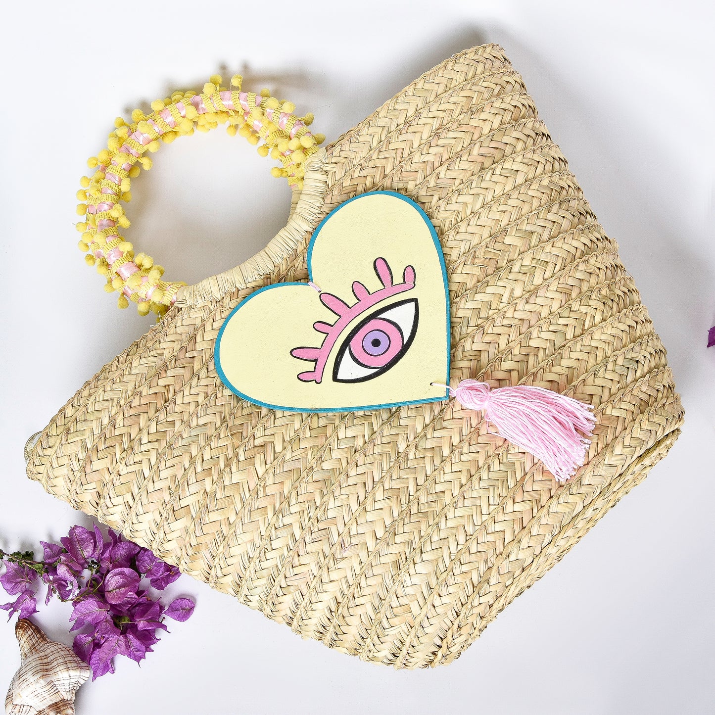 Straw Embellished Beach Bag with Yellow Heart