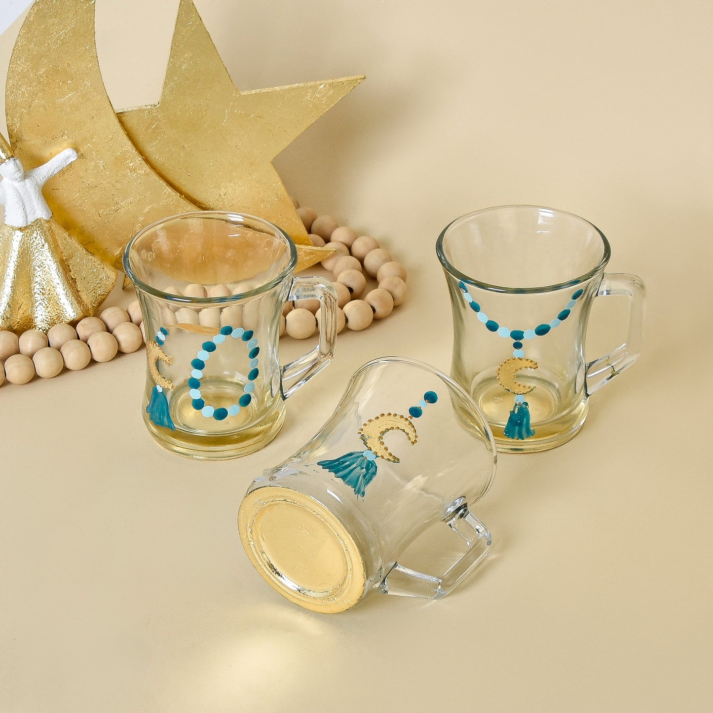 Blue Beaded Crescent with Gold Leaf – Tea Cups with Handles Set of Six