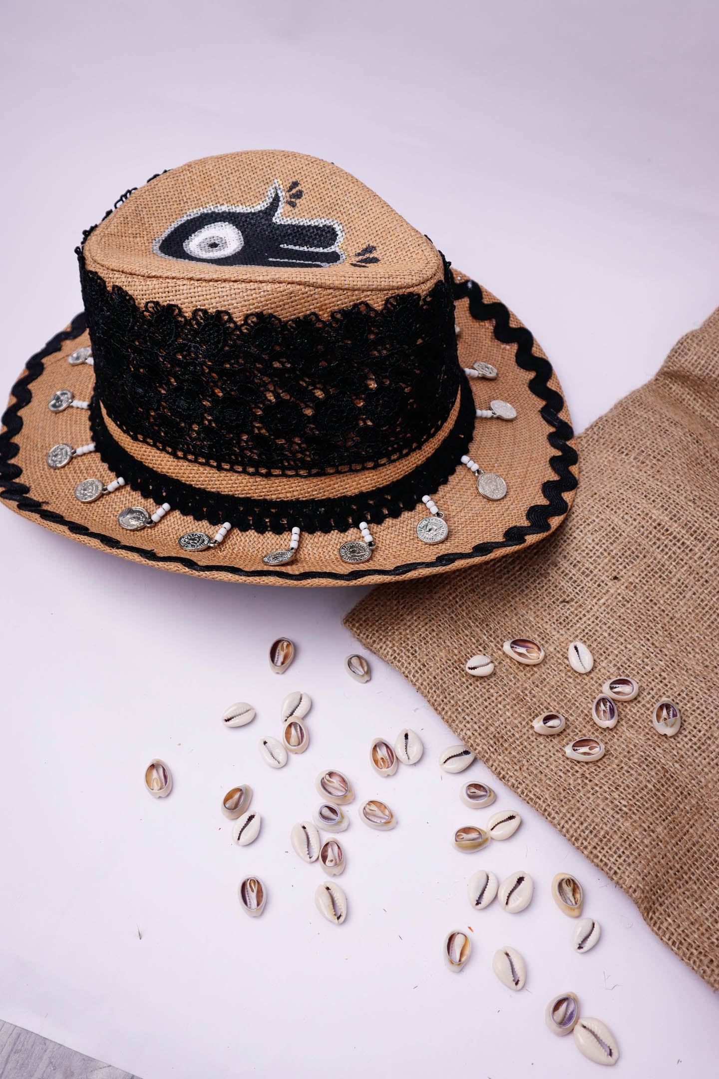 Black Blace Embroidery with Hand on Top Hand Painted Summer Hat