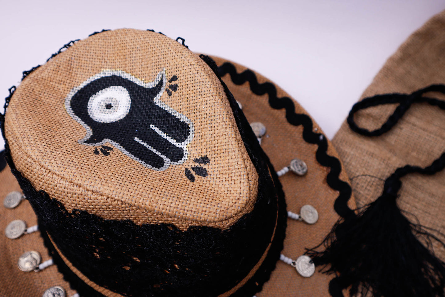 Black Blace Embroidery with Hand on Top Hand Painted Summer Hat